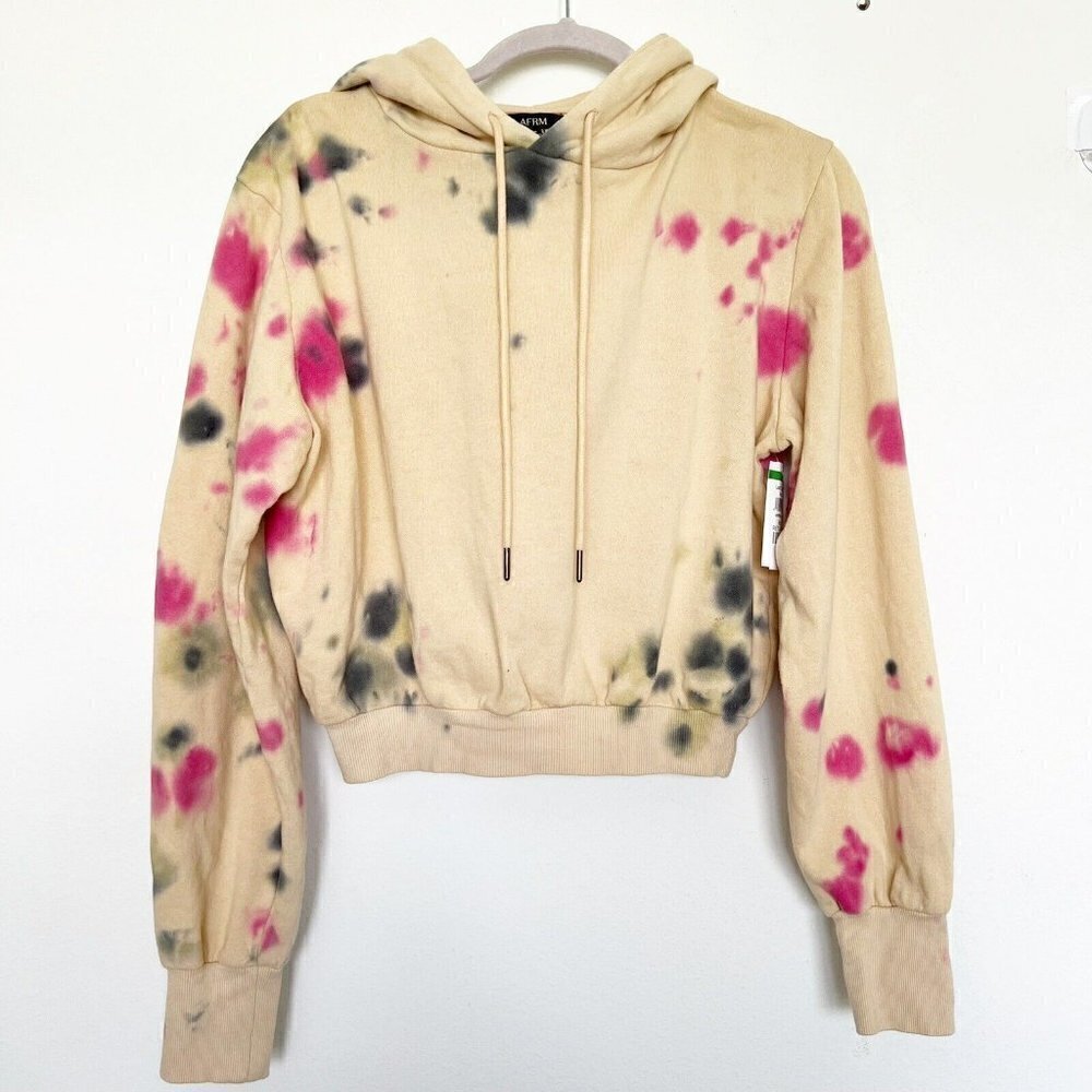 NWT AFRM Cropped Hoodie Sweatshirt SMALL Beige Tan Pink Tie Dye Drawstring - Picture 7 of 11